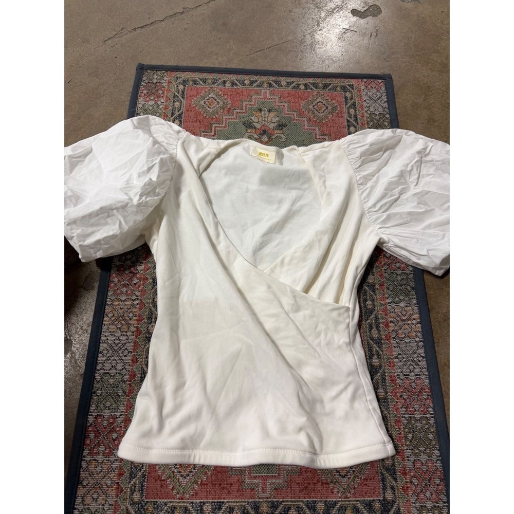Maeve Anthropologie White Puff Sleeve Wrap Top Mixed Media Knit Poplin XS